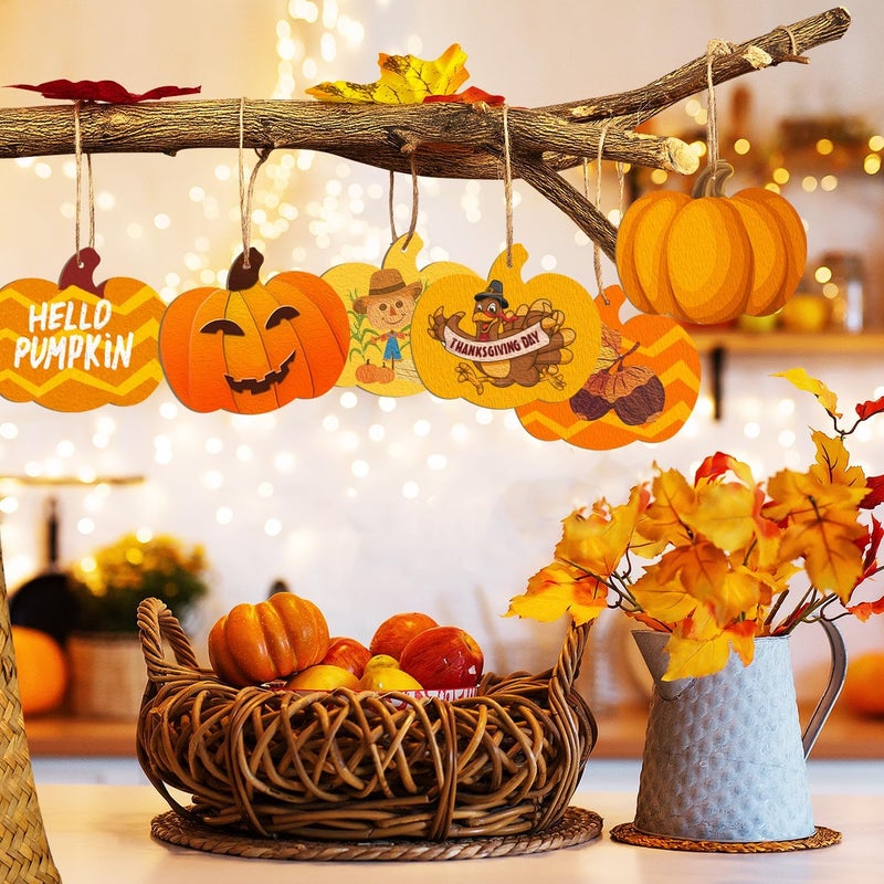 Sophena Wooden Pumpkins Ornaments to Paint Halloween Thanksgiving Decoration Cutouts Unfinished 24PCS 3.5 x 3 inches, DIY Blank Unfinished Pumpkin Wood Discs Ornament for Home Harvest Crafts Hanging Autumn De - Image 4